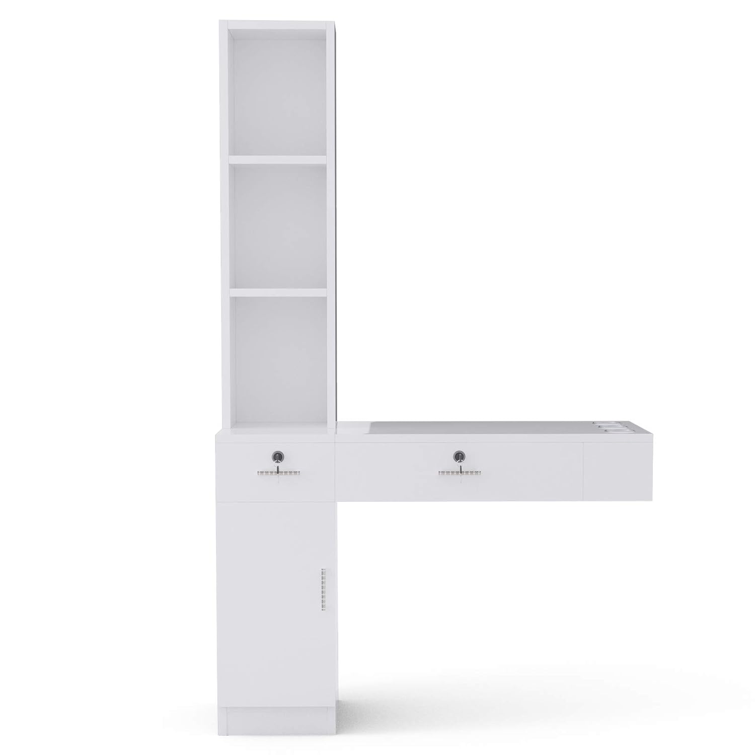 Nurxiovo Barber Station Makeup Hairstyling Tools Organizer Wall Mount Styling Beauty Spa Equipment Utility Set with 3 Appliance Holders, 2 Lockable Drawers, 1 Cabinet, 3 Storage Shelves (Left Shelf): Beauty