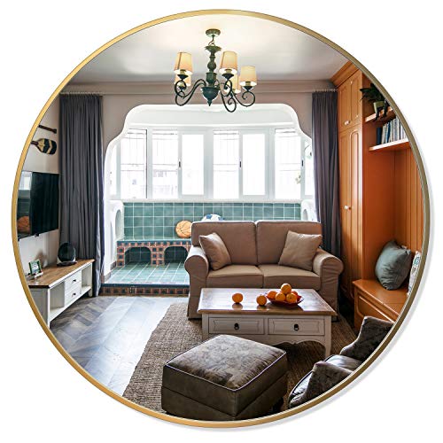 PexFix Round Wall Mirror, 36-Inch Modern Aluminum Alloy Frame Beveled Accent Wall-Mounted Decorative Mirror for Bedroom, Vanity Washrooms, Living Room & Entryway (Titanium Gold)
