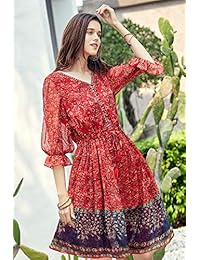 Vestido a media pierna de chifón rojo con cuello en V y estampado floral étnico para mujer de Artka