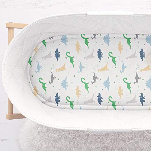 Cuddly Cubs Bassinet Sheet for Boys & Girls Soft & Breathable 100% Jersey Cotton | Fitted Elastic Design | Dinosaur | Fits Oval Halo, Chicco, Ingenuity