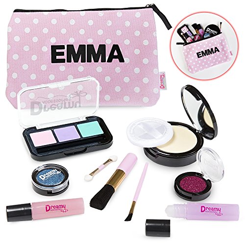 Customizable Pretend Play Makeup For Girls with Custom Cosmetic Bag - No Mess Fake Makeup for Little Kids w/ Real Makeup Brushes Pressed Powder, Eyeshadow, Lip Gloss, Glitter Pots Educational Toy