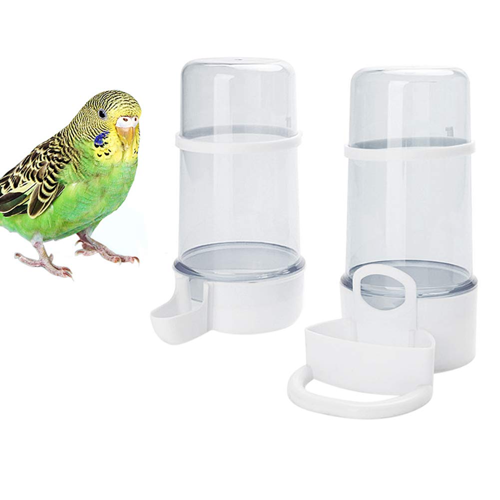 2 Pack Automatic Bird Feeder Bird Water Bottle Drinker Clear Food Seed Dispenser Container Set Hanging in Cage No-Mess for Parrots Budgie Cockatiel Lovebirds Finch Canary Hamster 415ml