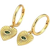Heart Evil Eye Dangle Small Hoop Earrings for Women Girls 925 Sterling Silver Green CZ Eyes Charms Drop Dangling Huggie Hoops Cartilage Cuff Hypoallergenic Earring Gifts Birthday Christmas Valentine