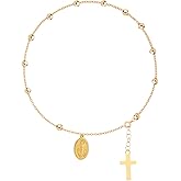 Dainty Gold Beads Chain Cross Bracelet Stainless Steel Rosary Jesus Prayer Crucifix Bracelet Sideways Religious Jewelry for Women