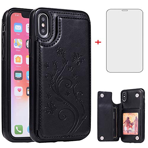Phone Case for iPhone Xs X 10 10s with Tempered Glass Screen Protector Card Holder Wallet Cover Stand Flip Leather Cell iPhoneX iPhoneXs iPhone10 i PhoneX SX 10x 10xs X’s Cases Women Men Black at Amazon