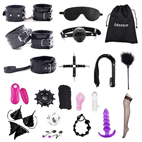 Edostree SMグッズ SMセット SM拘束 21点セット 拘束具 束縛具 SMプレイ 足枷 手枷 アイマスク 首輪 口枷 むち 乳首クリップ 縄 十字型枷 XQQTZ-01 (ブラック)