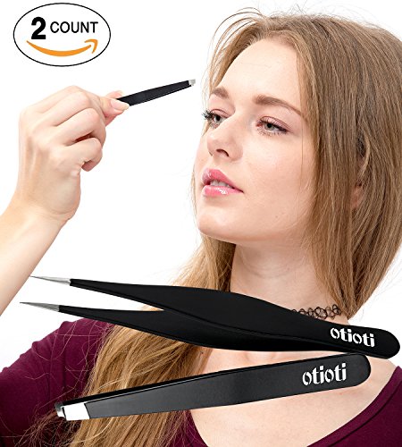 Slant Tweezer-Stainless Steel Pointed Tweezers 2 Pack Set-Precision Eyebrow,Ingrown Hair,Splinter Removal Tweezers Black
