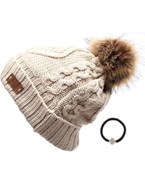 Women's Winter Fleece Lined Cable Knitted Pom Pom Beanie Hat with Hair Tie.