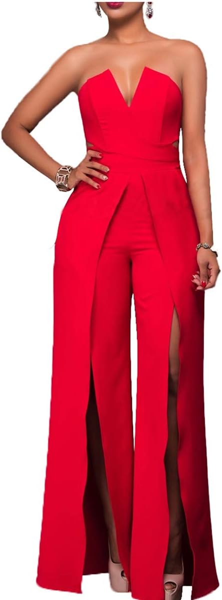 Women's Tube Top Strapless Split Wide Leg Jumpsuits Rompers