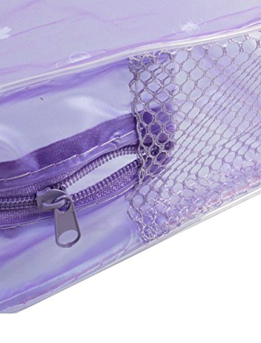Floral Pattern Meshy Zipper Cosmetic Toiletry Wash Bag Purple Clear