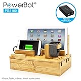 PowerBot PB5100 40Watt 8Amp 5 USB Port Rapid Charger Universal Desktop Charging Station w/ Bamboo Finish, Multi Device Charging Dock, Organizer Stand for Tablets, Apple Watch, Smartphones up to 5.7