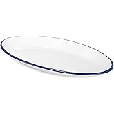Red Co. Enamelware Metal Classic 13" Serving Oval Tray Platter, Solid White/Navy Blue Rim