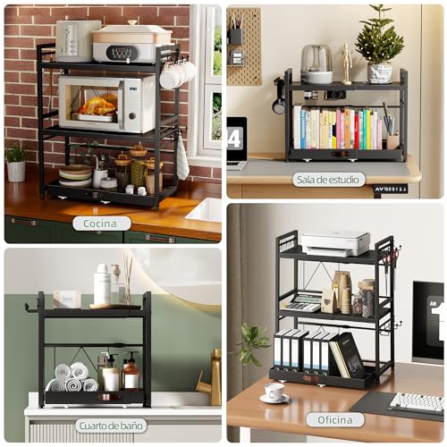 NETEL Extendable 3 Tier Microwave Stand, Adjustable Countertop Microwave Shelf, Kitchen Countertop, Microwave Organizer with Cup Holder and Storage Drawer, Black