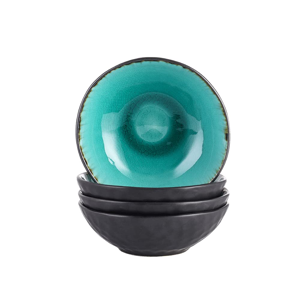 vancasso Aqua Rice Dessert Cereal Bowls 4 Piece Stoneware Vintage Look Ceramic Blue Large Serving Bowl, Soup/Mixing/Fruit/Noodle/Ramen China Bowl, Capacity of 550ml. (17.5x17.5x5.5 cm)