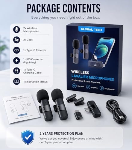 GLOBAL TECH Wireless Lavalier Microphones for iPhone/Android Phones/iPad/Tablets – 2 Pack Mini Wireless Clip-on Microphones Lapel Mic for Video Recording, Podcast, Vlogging, Youtube, Live Streaming
