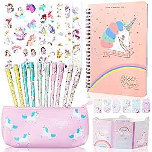 Jolintek Mooi eenhoorn-notitieboek en notities, 25-delige schrijfwarenset, etui, pen en schrijfwarenstickers voor school…