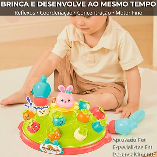 Bate Toupeira Infantil Eletrônico com Martelo — Luz e Som, Desenvolvimento Sensorial e Coordenação Motora, Para Crianças 3 a 6 Anos, Presente de Aniversário e Natal
