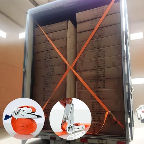 Set of 4 Ratchet Straps without Hook, 4 m x 25 mm Fixing Straps, Can Hold 800 kg, According to DIN EN 12195-2 Standard, Ratchet Strap for Trolley Suitcases for Motorcycles (Orange)
