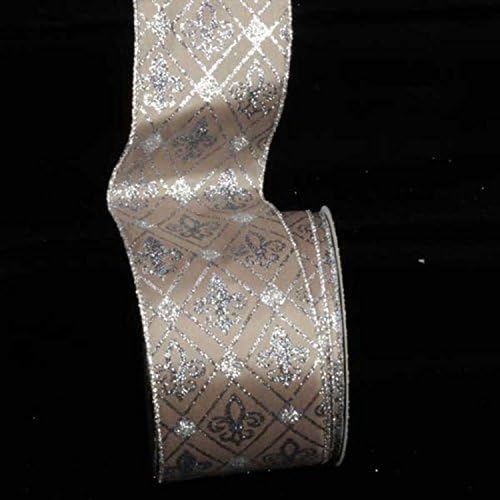 The Ribbon People Taupe Glitter Fleur De Lis Diamond Print Wired Craft Ribbon 3" x 20 Yards