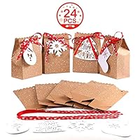 OurWarm 24pcs Christmas Gift Bags Assortment Kraft Paper Favor Bags with Holiday Gift Tags for Christmas Party Supplies, 5 x 3 x 7 Inch Christmas Goodies Bags