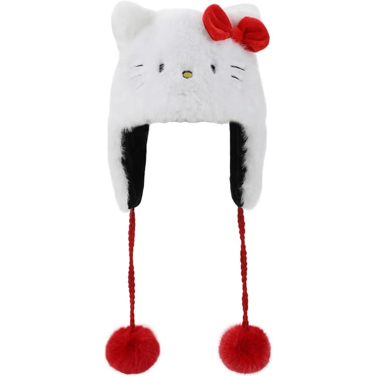 Hello Kitty Bucket Hat, Fuzzy Faux Fur Wide Brim Sun Cap with 3D