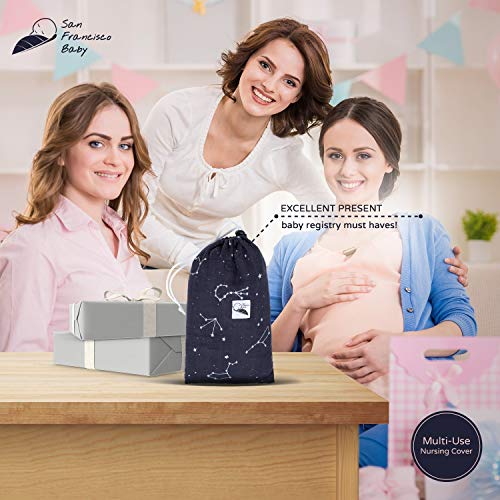 Cotton Muslin Nursing Cover - Large Breastfeeding Cover with Built-in Burp Cloth & Pocket - Soft, Breathable, Chemical-Free, 360Â° Coverage, Multiuse Nursing Cover by San Francisco Baby - Black