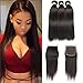 FASHION QUEEN HAIR Brazilian Straight Bundles with Closure (16 18 20+14 Closure) 8A Grade 100% Human Hair 3 Bundles with Closure Lace Closure 4x4 Free Part Natural Black Weave for Black Women