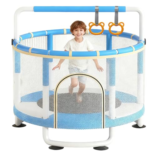 AM ANNA Kids Trampoline with Safety Net, 140 cm, 3-Height Adjustable Bar, Indoor/Outdoor, Multi-Toy Bundle