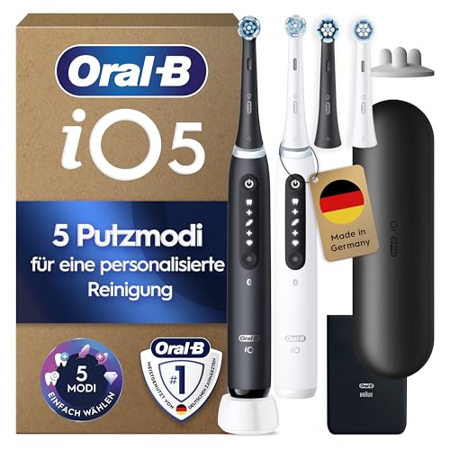 Oral-B iO Series 5 Plus Edition Elektrische Zahnbürste, Doppelpack mit 4 Aufsteckbürsten, Schwarz/Weiß - Electric Toothbrush, Inkl. Reise-Etui Und 5 Putzmodi für Zahnpflege, Designed by Braun