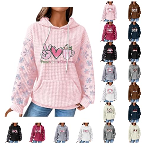 ladies christmas hoodie Hoodies for Women UK Waffle Knit Hoodie Drawstring Hoodies with Snowflake Print Long Sleeve Casual Pullover Top with Pocket Women's Christmas Printed Sweatshirt Top Pink XL