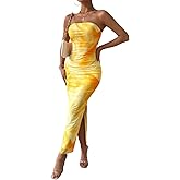 LIGHT DOT Women's Ruched Strapless Bodycon Dress Elegant Tie Dye Midi Guest Dresses Formal Outfits Date Party
