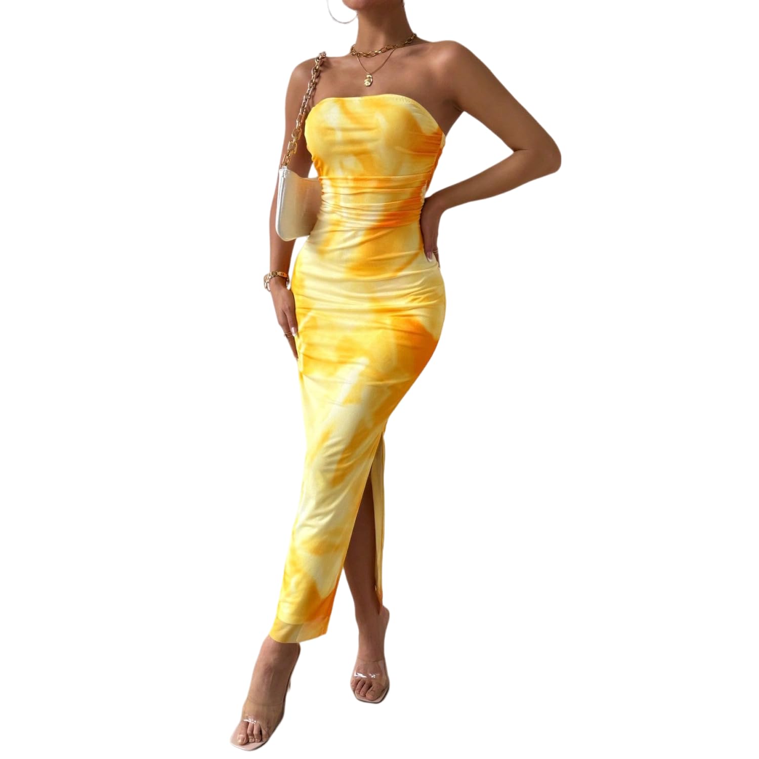 LIGHT DOT Women's Summer Strapless Tube Dress - Bodycon Long Dress With Side Slit & Mesh Layering