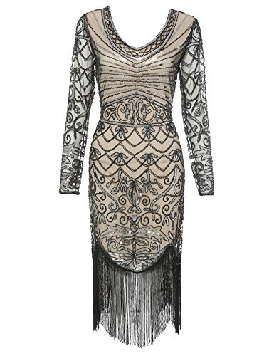 Women's Flapper Dress 1920s Sequins Art Deco Great Gatsby Cocktail Dresses (Beige Long Sleeve, S)