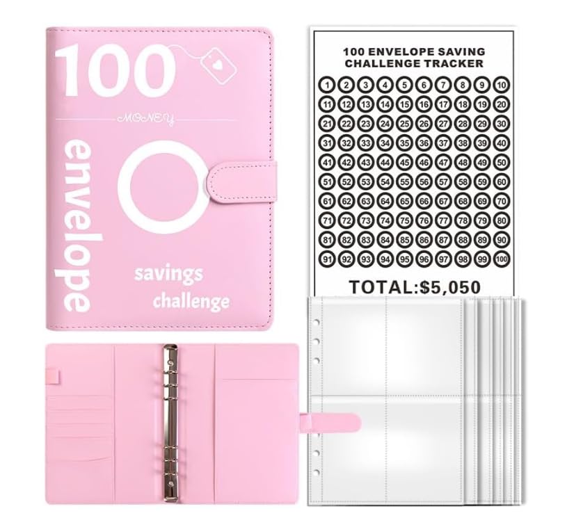 100 Envelopes Saving Challenge,Savings Book with Cash Envelopes Fun Budget Challenges for Money Easy Budget Binder Organizer for Couples Offices Home School (Pink, Travel)