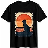 Graphic T Shirts for Women, Sunset Cat Scenery Cotton Girls Tees Short Sleeve Crewneck Summer Gym Casual Tops