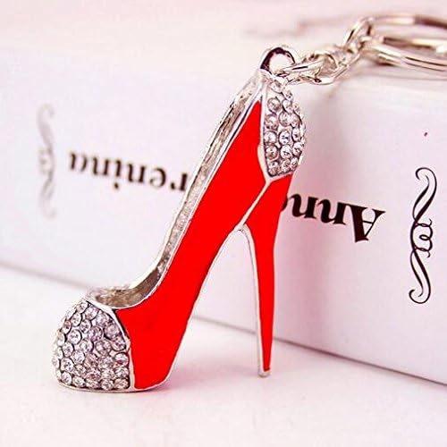 Fashion Lady's High Heel Shoe Rhinestone Alloy Women Bag or Car Keychain (Red)