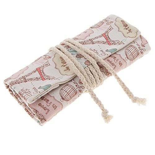 MagiDeal Romantic Tower Pencil Wrap Holders, Canvas Travel Drawing Pencils Roll Up Pouch Case Inserting Hold Students Pen Bag Organizer For 36 Art Colored Coloring Pencils Pens Brushes