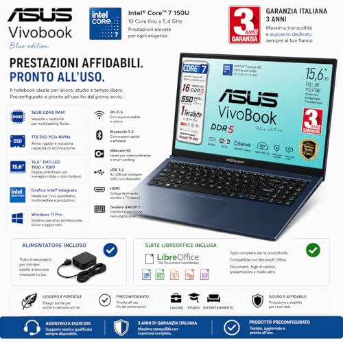 ASUS Notebok Vivobook, Intel Core 7 150u 10Core, DDR5 Ram 16Gb, PCI Nvme 1TB SSD, WI-FI 6, Webcam, Usb3.2, HDmi, BT5.3, QWERTY Keyboard, 3 Year Warranty, Blue Edition, Preconfigured