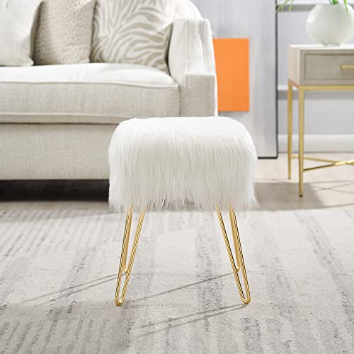 C COMFORTLAND White Faux Fur Vanity Stool, Small Fluffy Vanity Seat