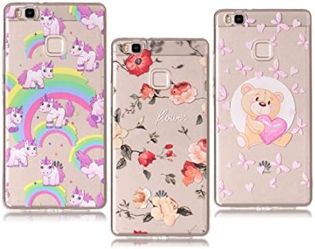 Huawei P9 Lite Case,[3 pieces]Flexible Soft TPU Silicone Back Cover Scratch-Resistant Transparent Shockproof Ultra Slim Case for Huawei P9 Lite,Flower & Unicorn & bear