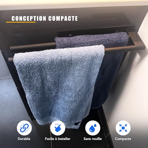 LD3W Black Stainless Steel Towel Rack, Rust Resistant, Easy Installation Either By Screw Or Self-Adhesive, Compact Design, Durable Towel Rack, Bathroom Or Kitchen (Black)