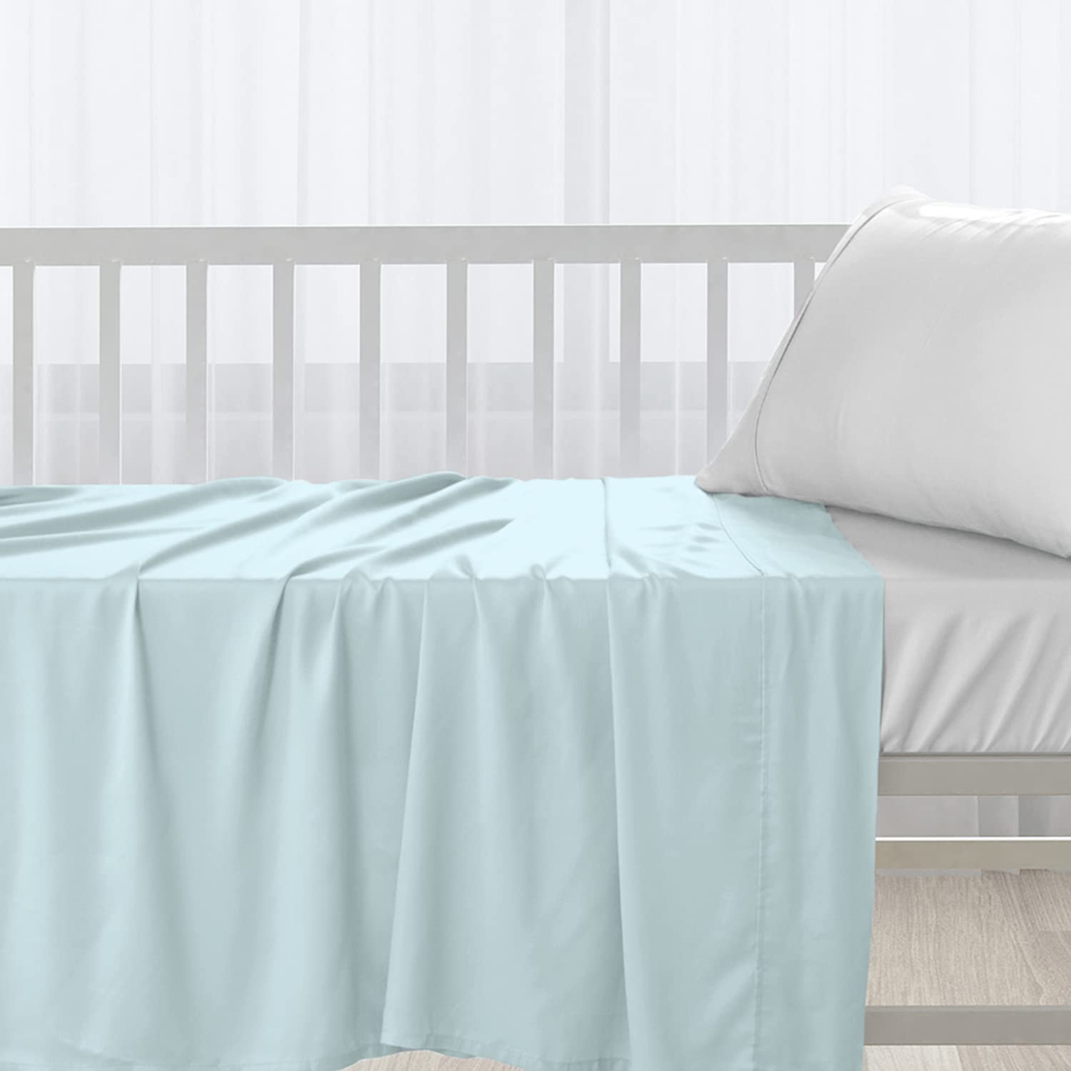 Pizuna Cotton Flat Crib Sheet Baby 70 X 100cm Baby Blue, 1pc 400 Thread Count 100% Long Staple Combed Cotton Luxurious Sateen Weave Baby Bed Sheets With Stylish 5cm Hem By