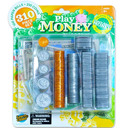 Learn & Climb Play Money Set for Kids - Fake Bills & Coins - 310 Pieces