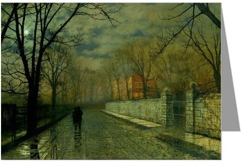Single Vintage Greeting card of John Atkinson Grimshaw Victorian Painting of London Street Scene titled Figures in a Moonlit Lane after Rain