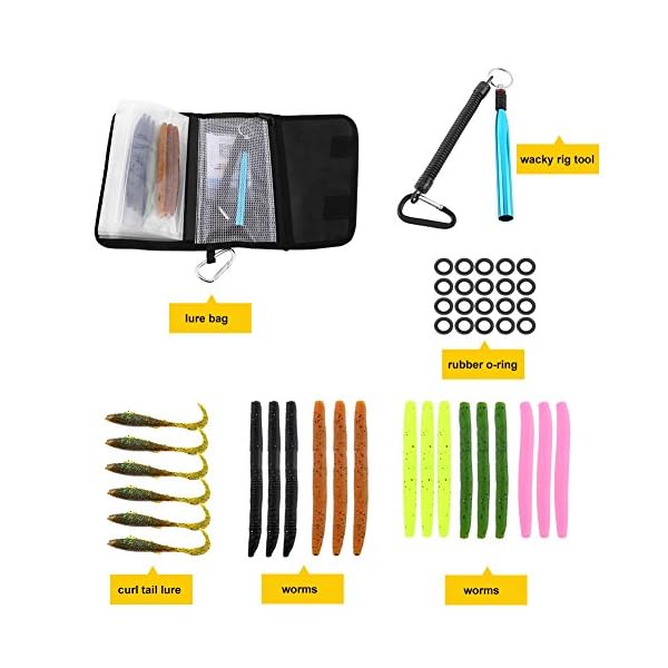 Fishing-Soft-Lures-Set-Artificial-Bait-Lure-with-15-Worms-6-Curl-Tail-Lures-1-Wacky-Rig-Tool-20-O-Rings-1-Waterproof-Fishing-Lure-Organizer-Bag-for-Saltwater-Freshwater-Bass-Trout-Barracuda-Salmon Fishing-Soft-Lures-Set-Artificial-Bait-Lure-with-15-Worms-6-Curl-Tail-Lures-1-Wacky-Rig-Tool-20-O-Rings-1-Waterproof-Fishing-Lure-Organizer-Bag-for-Saltwater-Freshwater-Bass-Trout-Barracuda-Salmon