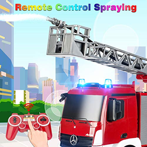DOUBLE E RC Fire Truck Remote Control Fire Engine 10 Channel with Water Pump Lights Sounds Extendable Ladder Rechargeable Battery 2.4GHz Radio Control (New Package)