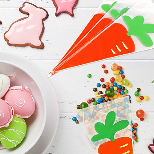 HANSGO Carrot Bag, 100PCS Easter Candy Bags Jelly Bean Candy Bag Cellophane Cone Bags Cookies Bags with Twist Ties