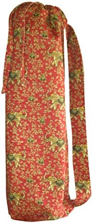Yoga Mat Bag Wandering Elephant - 11.5 x 29 - Soft Thick Woven Brushed Cotton Twill - Inside Pocket Shoulder Strap Drawstring Washable - red brown