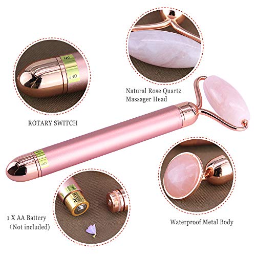 2-IN-1 Electric Jade Facial Roller Massager Nature Rose Quartz Vibrating Face Roller Set Anti Aging Anti Wrinkles Skin Tightening Facial Skin Care Tools Kit