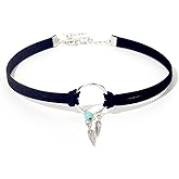 Spiritrain Boho Feather Turquoise Leather Choker Necklace for Women Bohemian Handmade Leaf Layered Black Brown Suede Cowgirl Cowboy Necklace for Western Country Party Jewelry Gifts (Black)